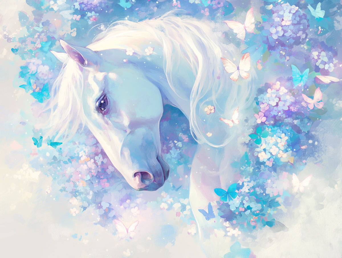Horse and Floral Mural Wallpaper in Girls's Room | Purple, Blue and White Horse