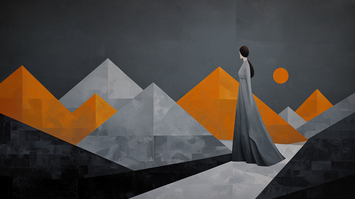 Minimalist Woman & Geometric Mountains Wallpaper | Abstract Landscape Art