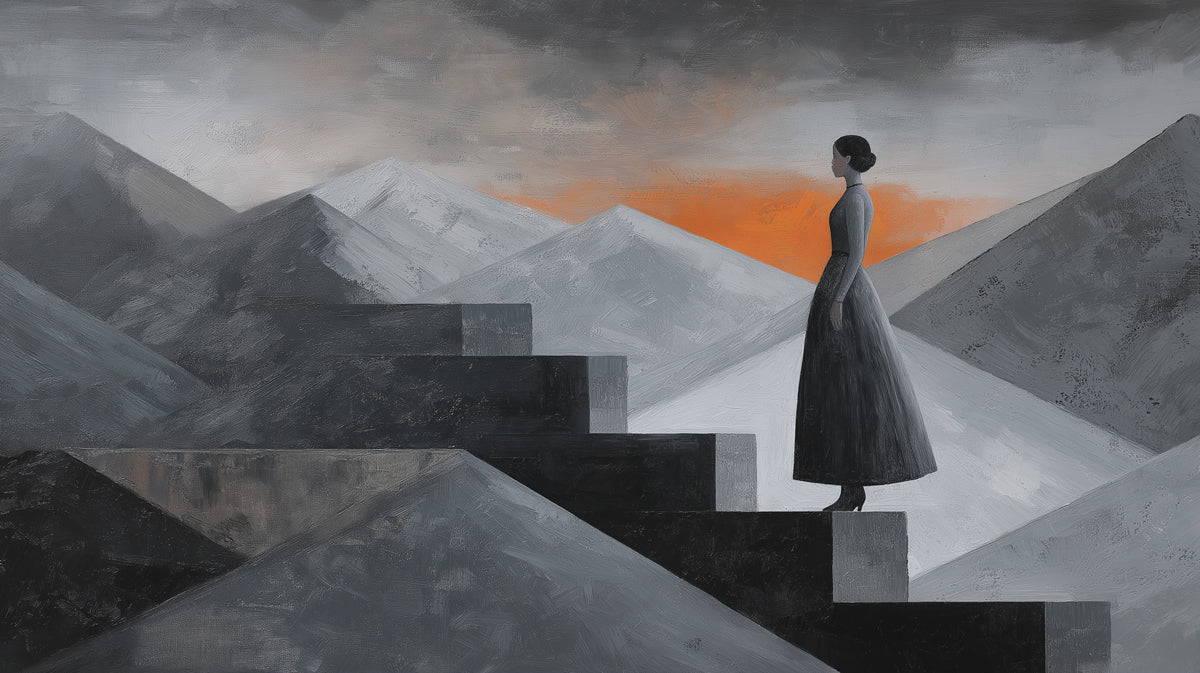 Abstract Mountain Ascent Wallpaper | Woman on Geometric Steps with Sunset Glow