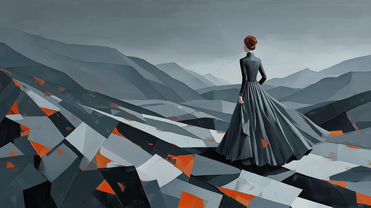 Woman in Geometric Landscape Wallpaper | Abstract Mountain Exploration