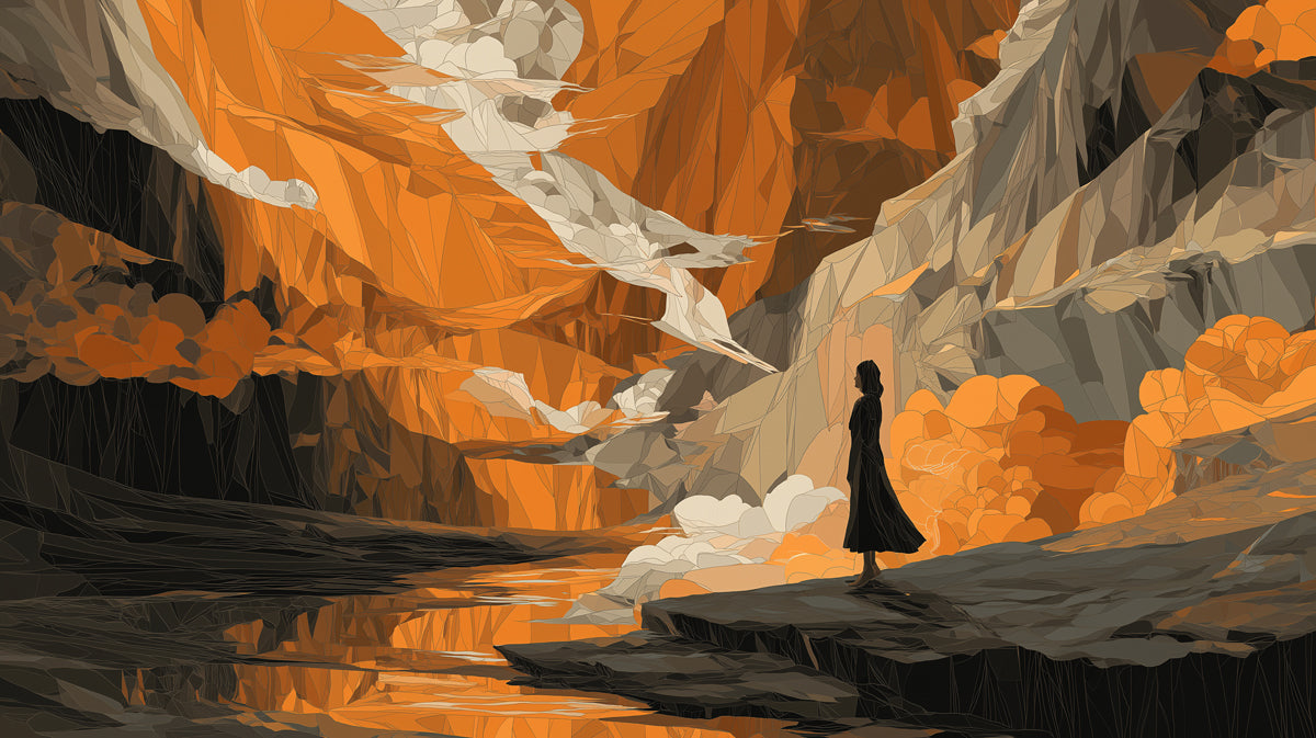 Mujer en el papel tapiz del paisaje abstracto de cañón | Escena dramática de montañas y agua