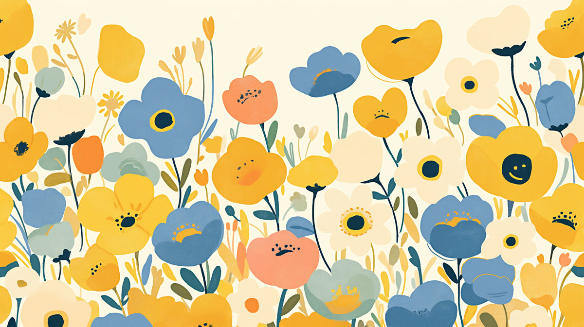 Helle Blumenwandtapete im Kinderzimmer | Verschiedene Farben (Gelb, Blau, Orange usw.) Blumen 