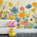 Bright Floral Mural Wallpaper in Child's Room | Various Colors (Yellow, Blue, Orange, etc.) Flowers