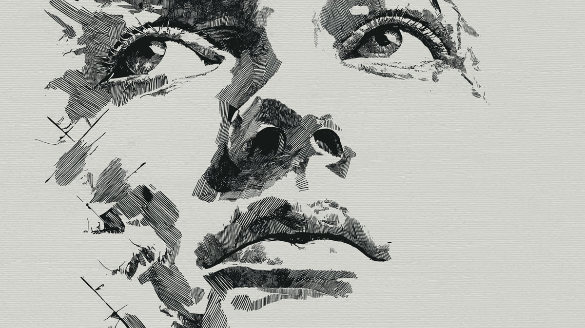 Intense Gaze Etched Portrait Wallpaper | Expressive Monochrome Face Art