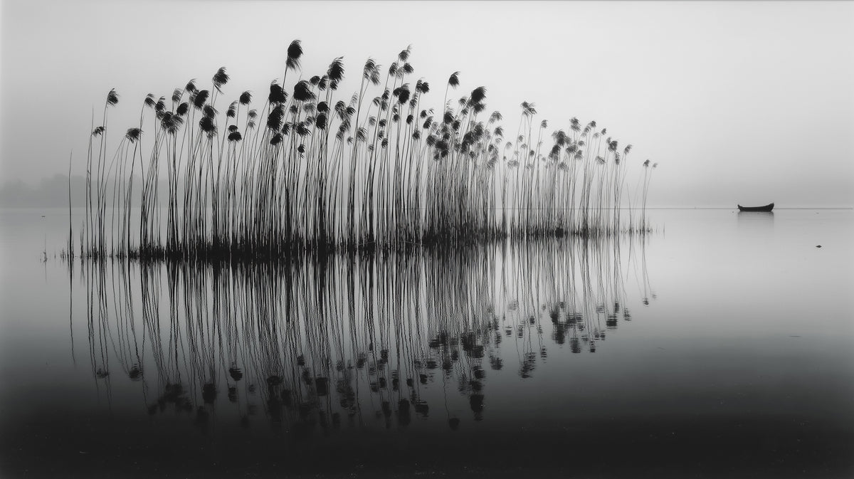 Tranquil Reed Bed Lake Wallpaper | Serene Monochrome Landscape with Boat