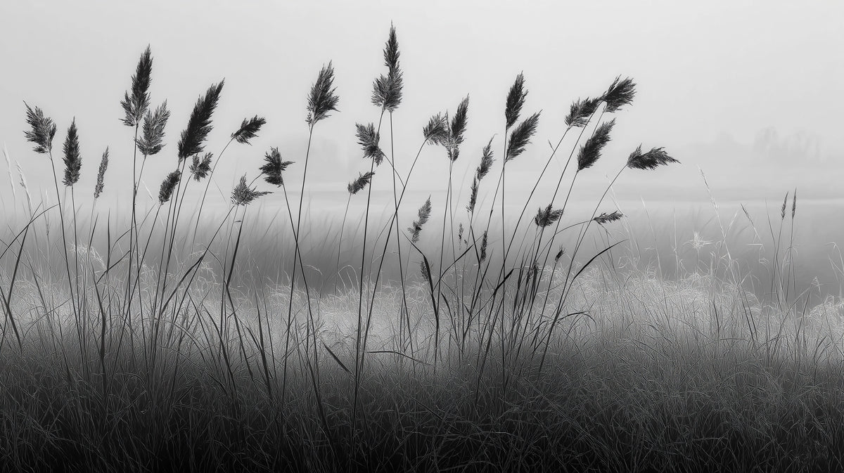 Misty Reed Field Landscape Wallpaper | Serene Monochrome Nature Scene
