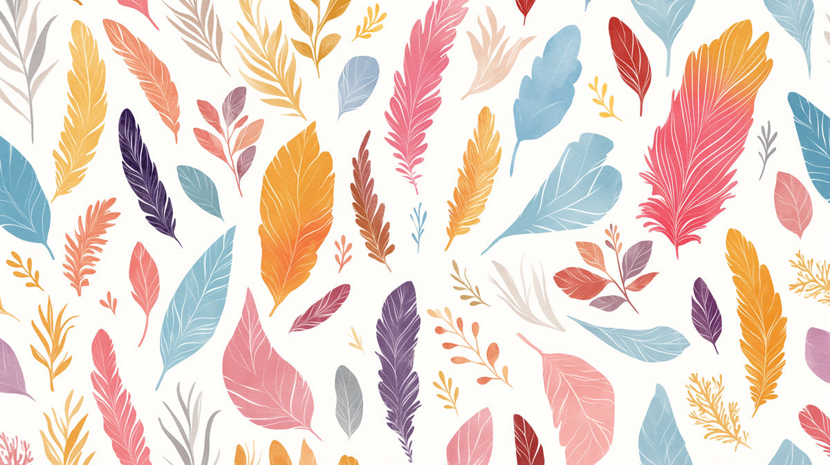 Colorful Feather Mural Wallpaper in Dining Room | Various Colors (Red, Orange, Purple, etc.) Feathers -1