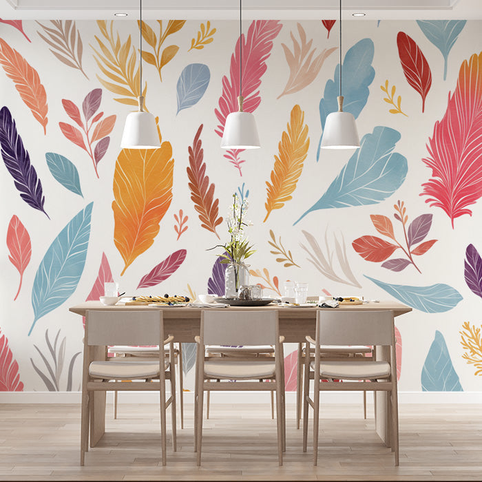 Colorful Feather Mural Wallpaper in Dining Room | Various Colors (Red, Orange, Purple, etc.) Feathers -1