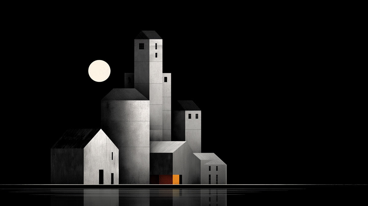 Minimalist Lunar Town Wallpaper | Abstract Night Cityscape with Full Moon