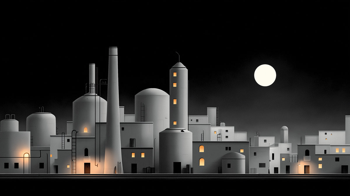 Minimalist Industrial Night Wallpaper | Abstract Cityscape with Full Moon
