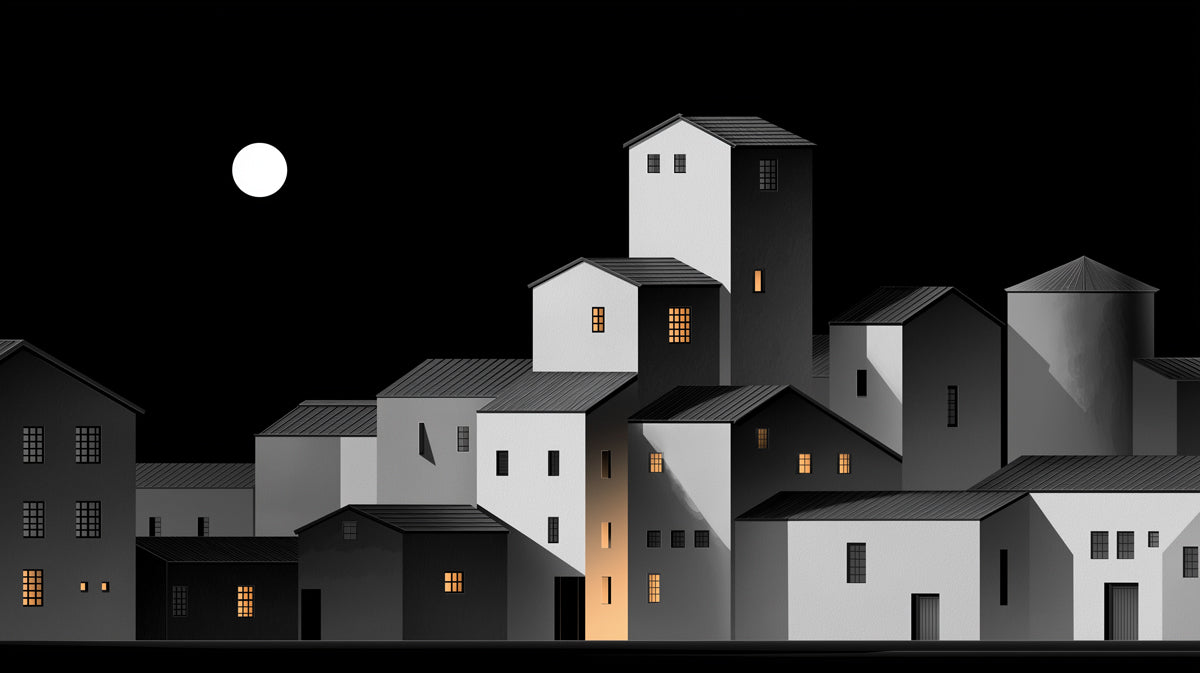 Minimalist Night Cityscape Wallpaper | Abstract Town with Glowing Windows & Moon