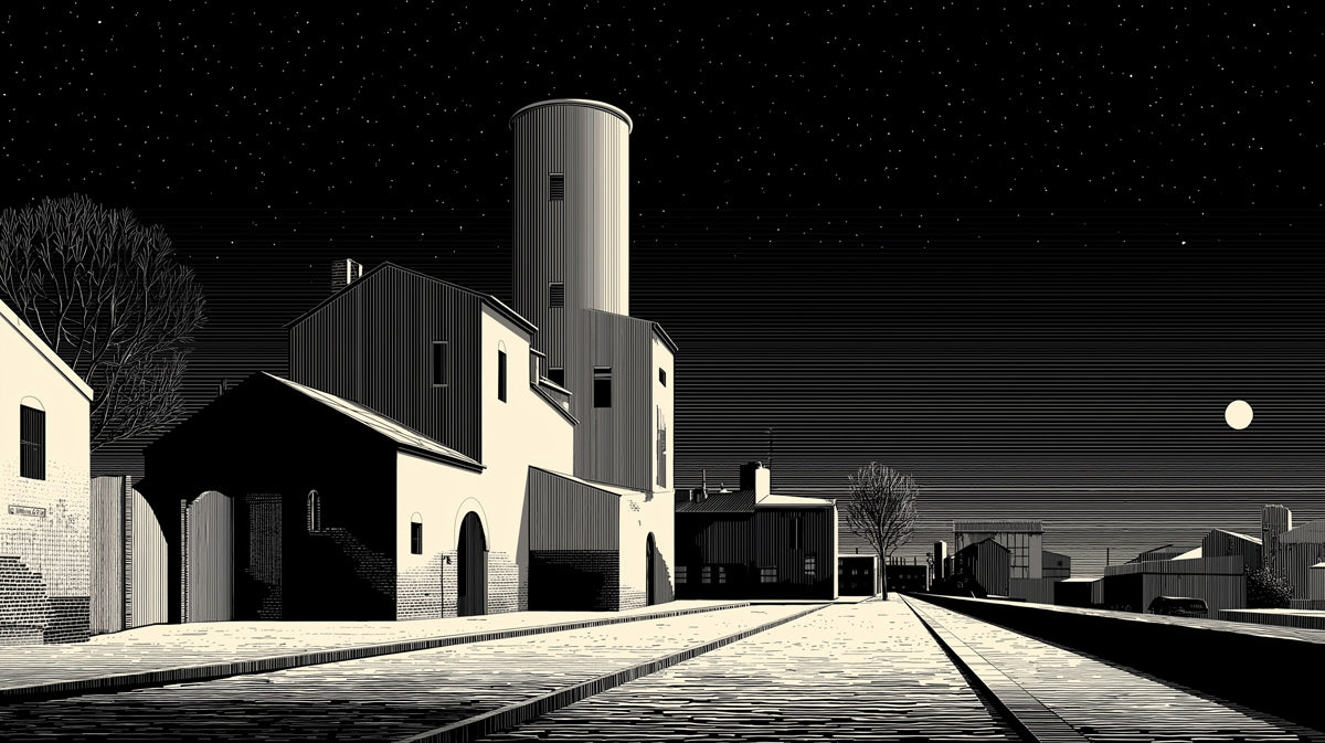 Monochrome Industrial Night Scene Wallpaper | Gritty Urban Landscape with Stars
