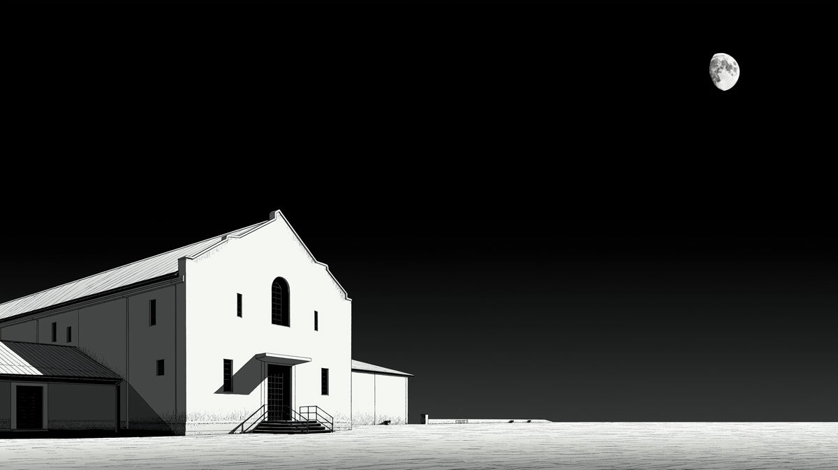 Minimalist Church Under Moonlight Wallpaper | Striking Monochrome Architectural Scene