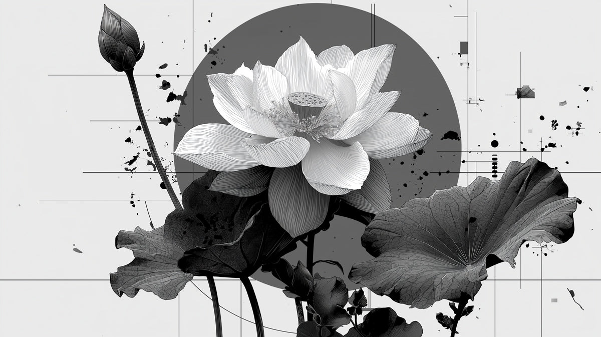 Abstract Monochrome Lotus Bloom Wallpaper | Modern Botanical Art with Splatters