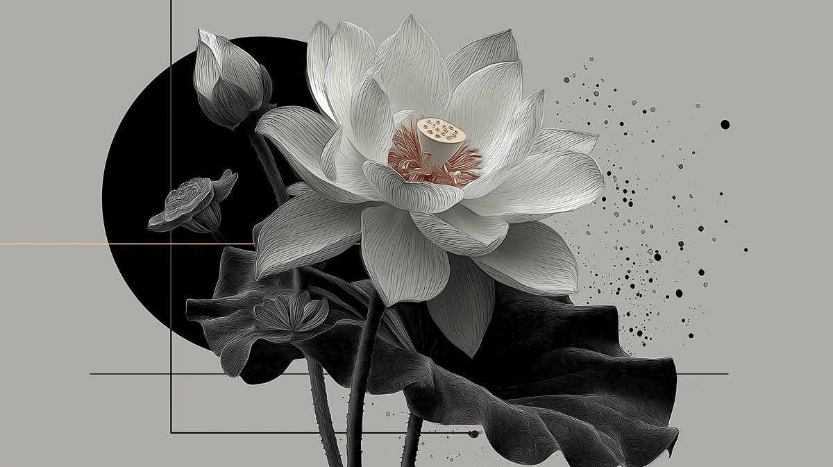 Serene Monochrome Lotus Flower Wallpaper | Elegant Botanical Art with Geometric Accents