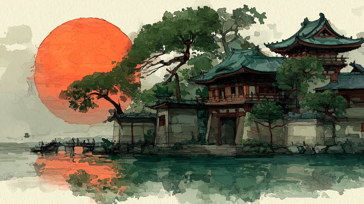Japanischer Tempel Sonnenuntergang Landschaft Hintergrund | Stille asiatische Architektur am Wasser