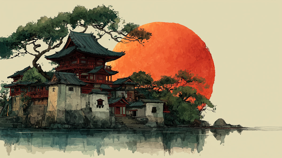 Traditional Japanese Temple Sunset Wallpaper | Vibrant Asian Landscape with Red Sun