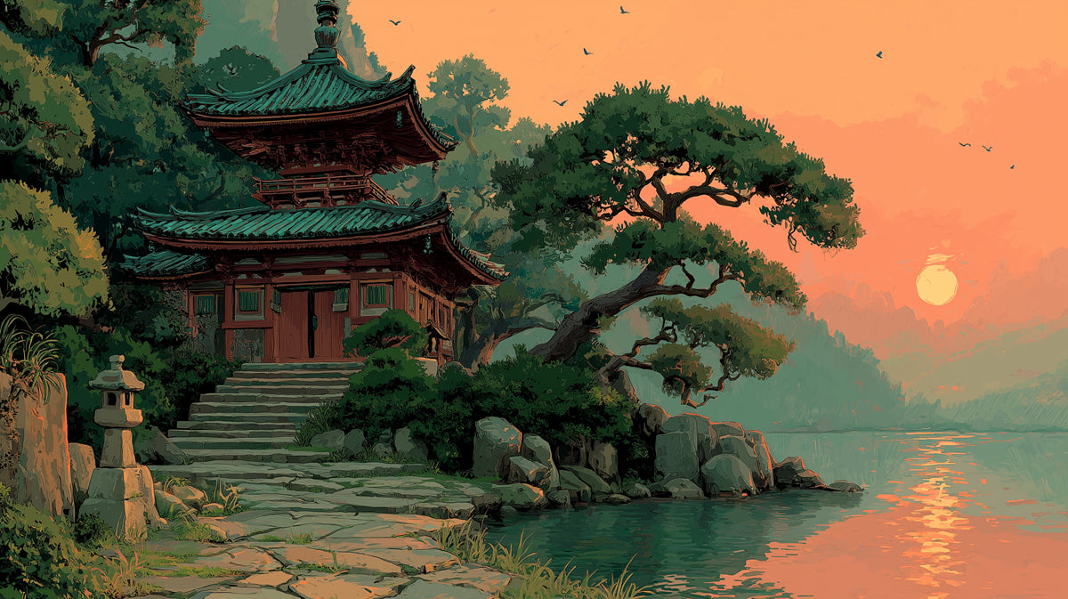 Tranquil Japanese Pagoda Sunset Wallpaper | Serene Temple by Lake