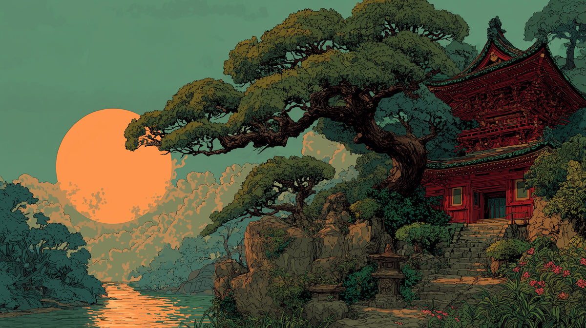 Serene Japanese Temple Landscape Wallpaper | Asian Sunset with Pagoda