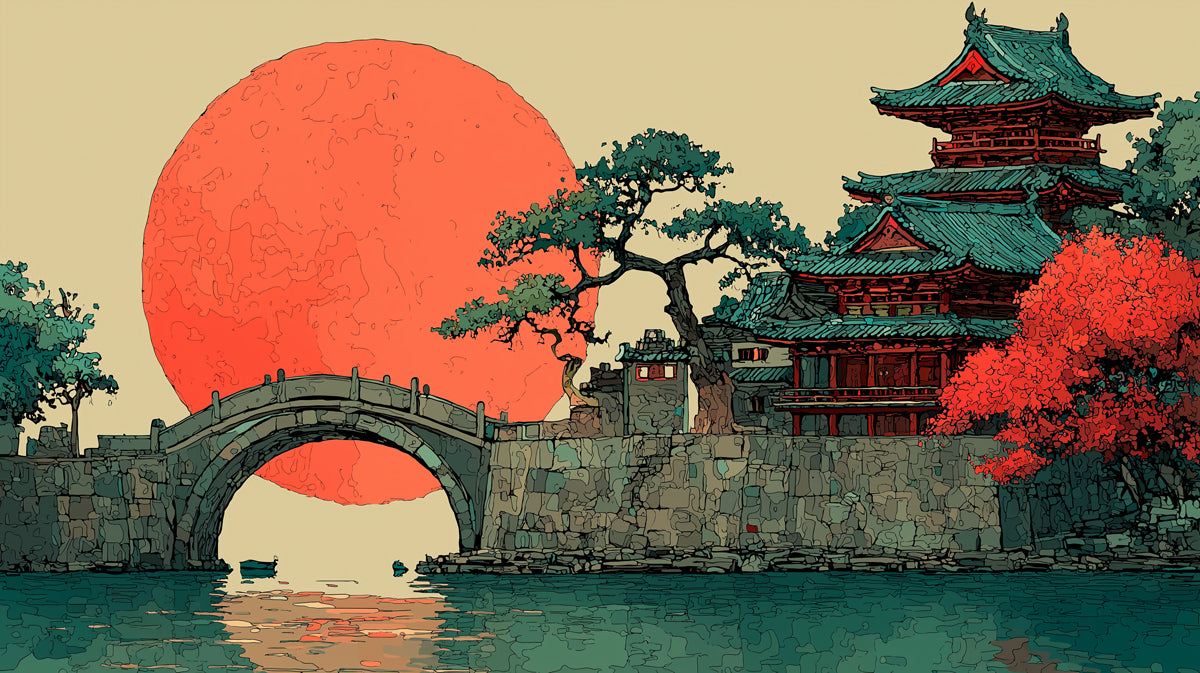 Vibrant Japanese Temple Landscape Wallpaper | Asian Sunset with Arch Bridge