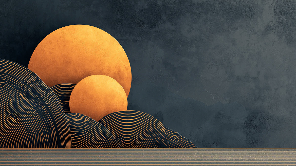 Paesaggio astratto con montagne al tramonto dorato | Paesaggio minimalista con orizzonte luminoso