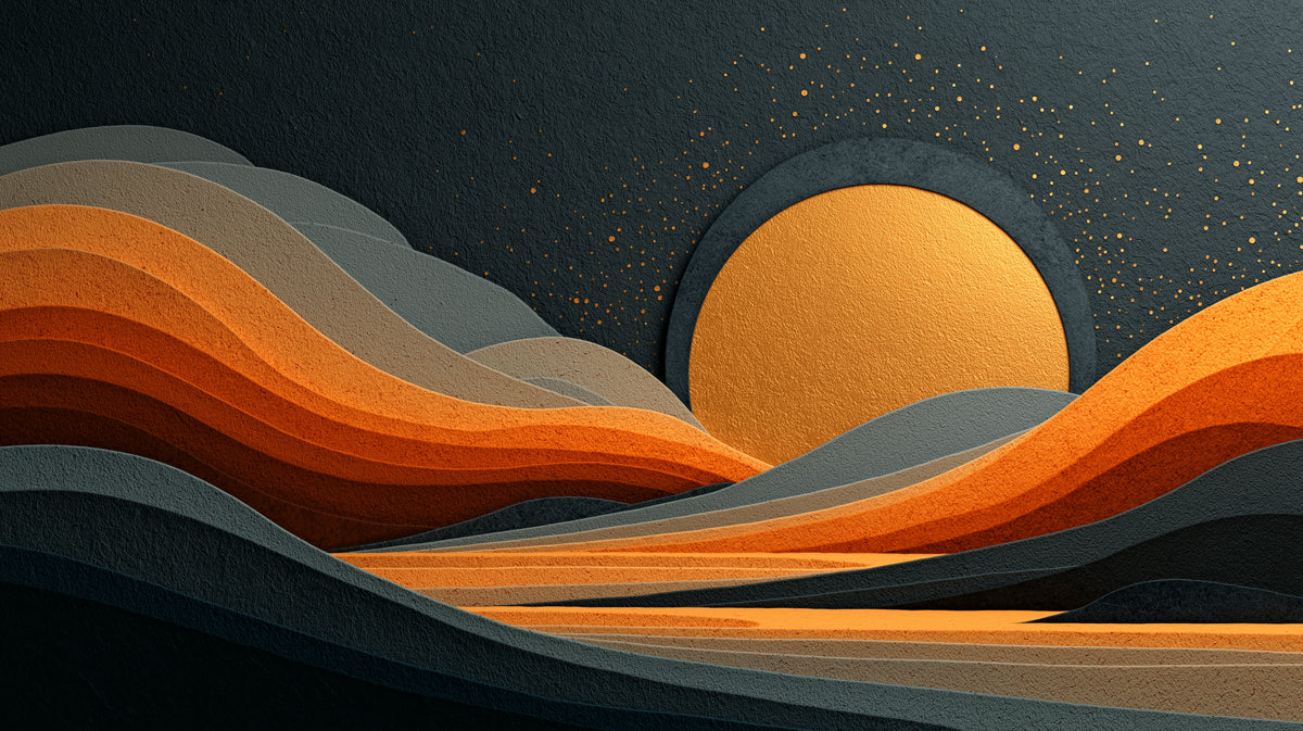 Carta da parati montagne dorate al sole con texture | Paesaggio stratificato astratto con stelle
