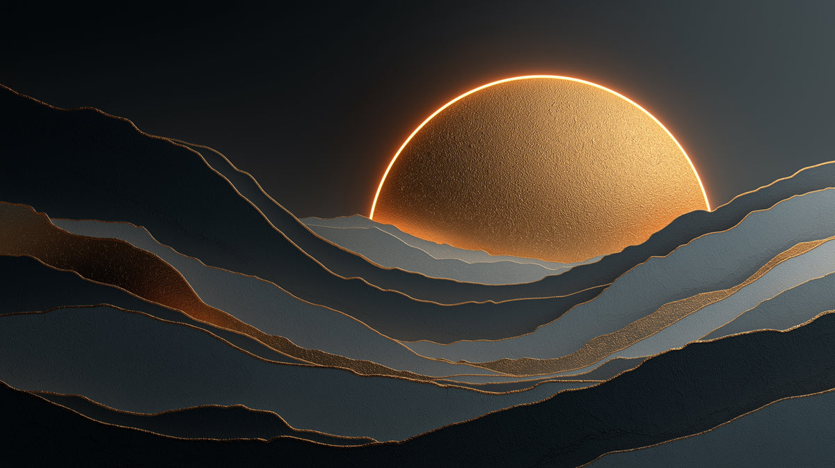 Paesaggio luminoso con montagne dai riflessi dorati | Carta da parati astratta e tridimensionale
