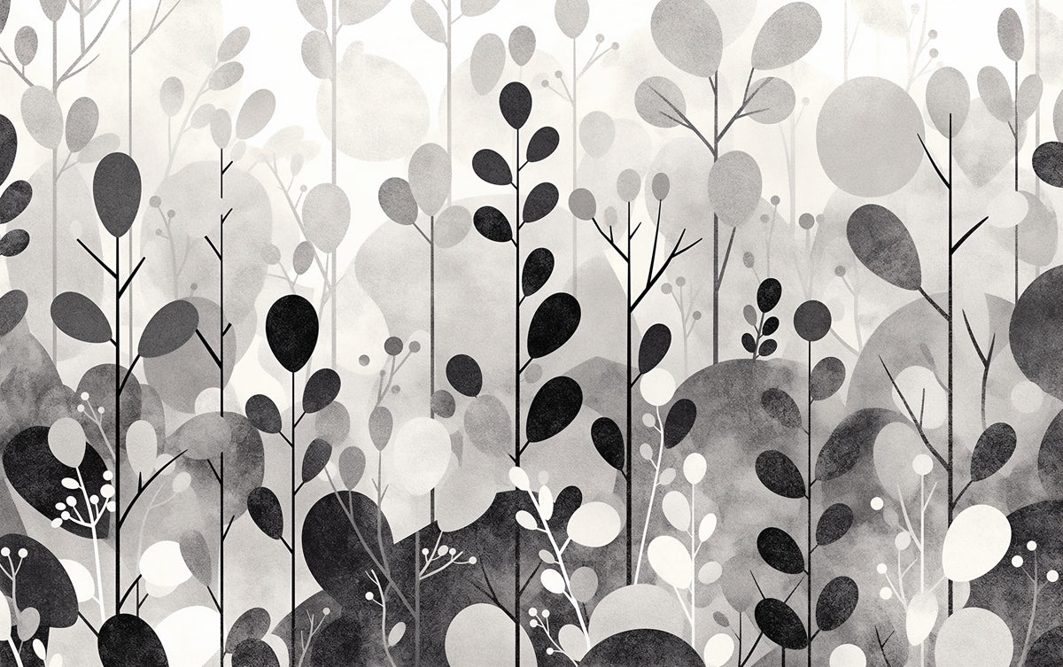 Gray Tree and Leaf Mural Wallpaper in Bedroom | Gray and White Tree and Leaf -2