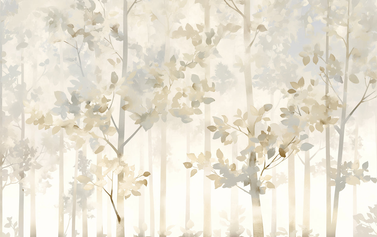 Gray Tree and Leaf Mural Wallpaper in Bedroom | Gray and White Tree and Leaf -3