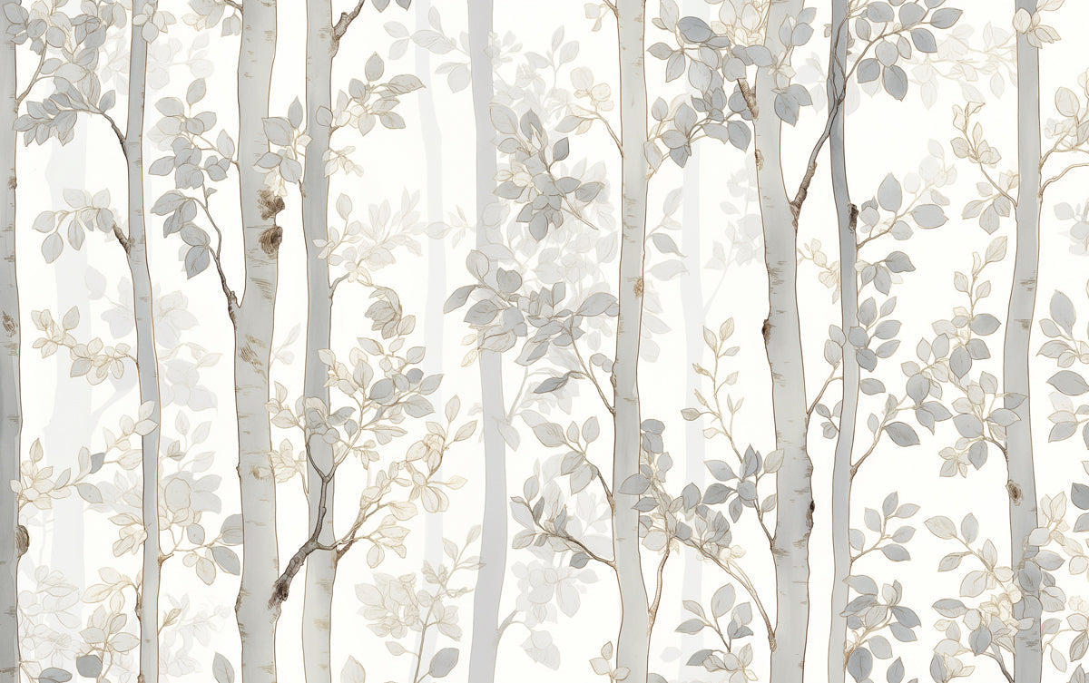 Gray Tree and Leaf Mural Wallpaper in Bedroom | Gray and White Tree and Leaf -4