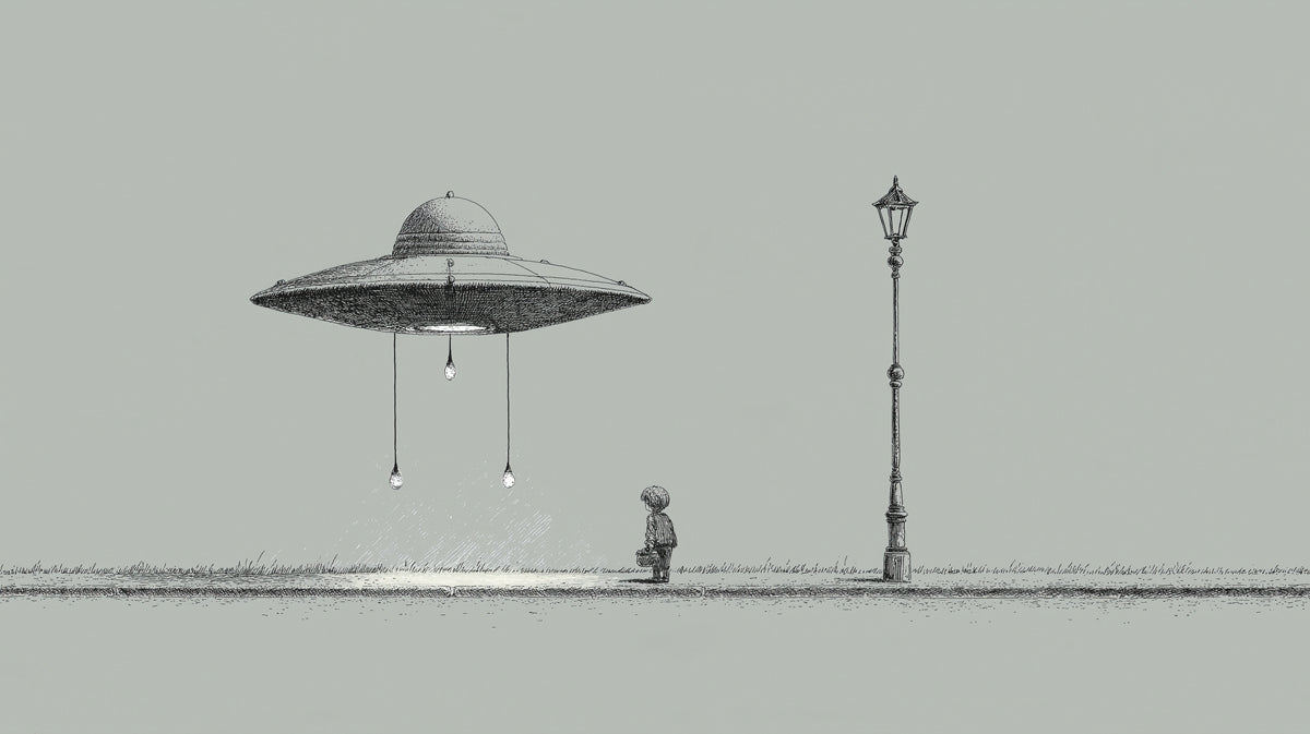 Whimsical UFO Child Encounter Wallpaper | Minimalist Sketch Art