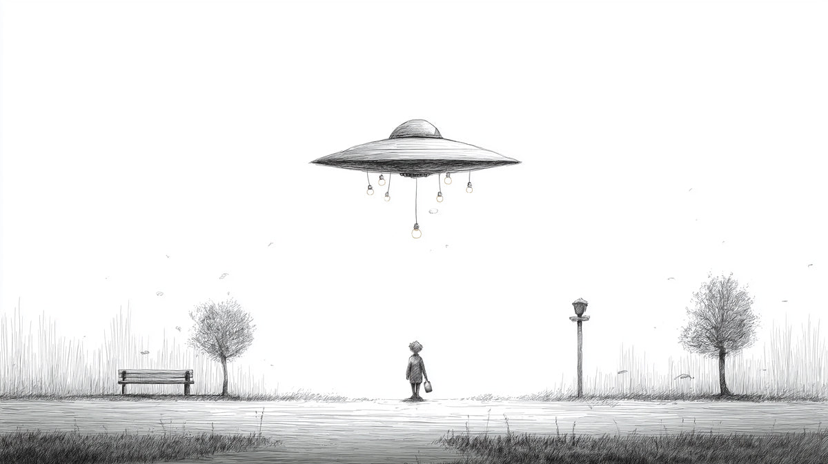 Whimsical UFO Park Encounter Wallpaper | Minimalist Sketch Scene with Child