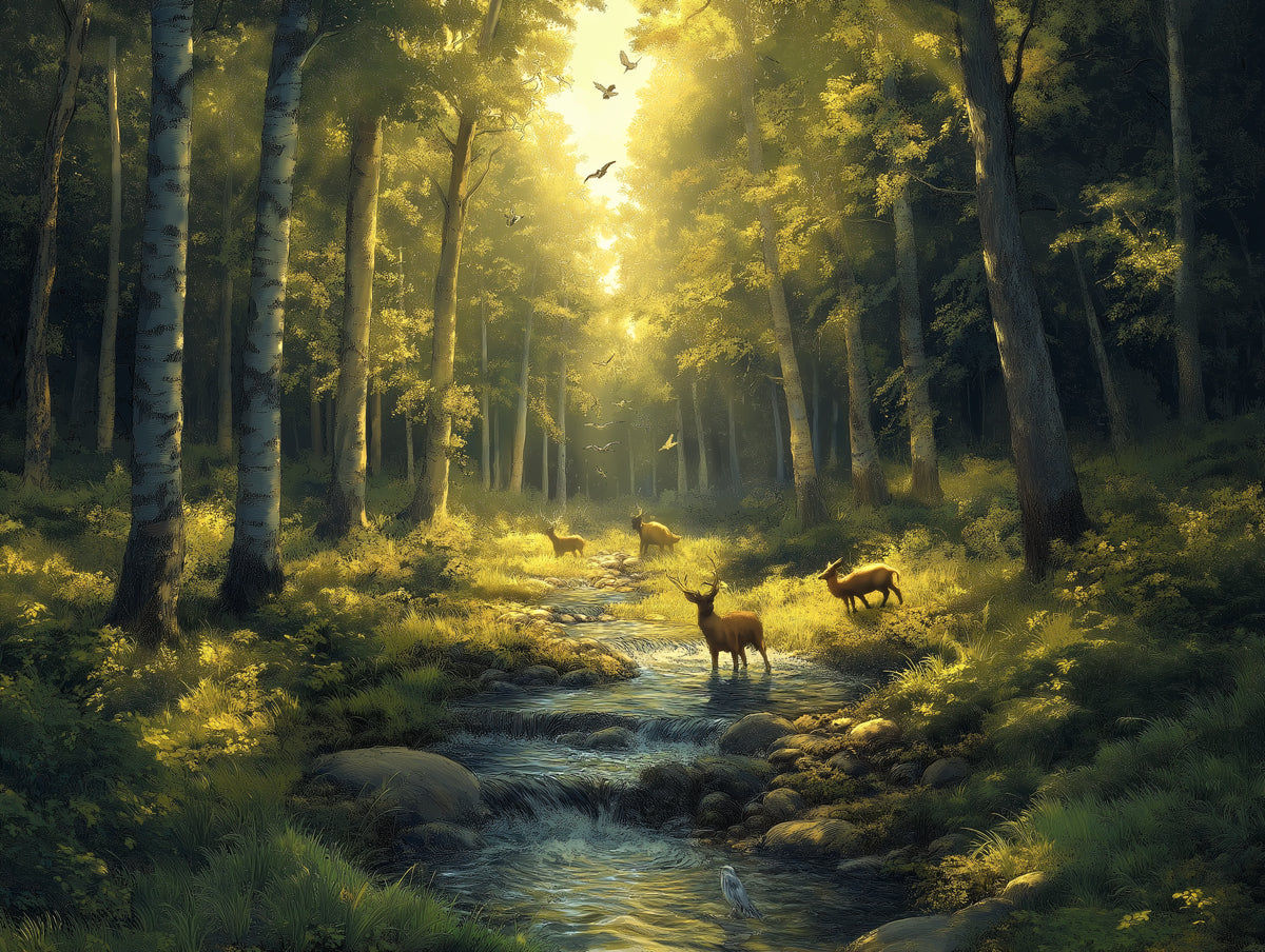 Forest and Deer Mural Wallpaper in Bedroom | Various Shades of Green, Brown, and Yellow Forest