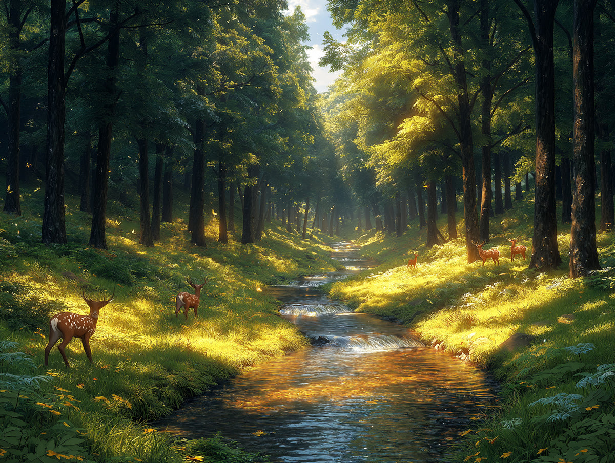 Forest and Deer Mural Wallpaper in Bedroom | Various Shades of Green, Brown, and Yellow Forest -1