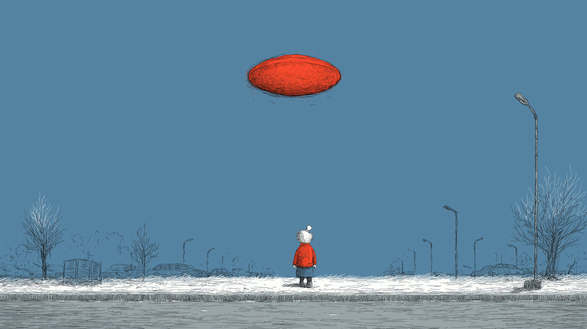 Red UFO Winter Scene Wallpaper | Minimalist Child & Mysterious Sky Art