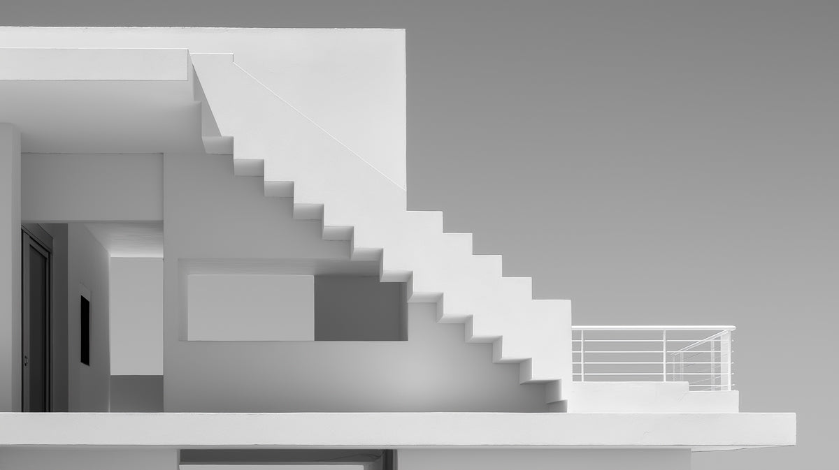 Geometric White Staircase Wallpaper | Minimalist Architectural Abstraction