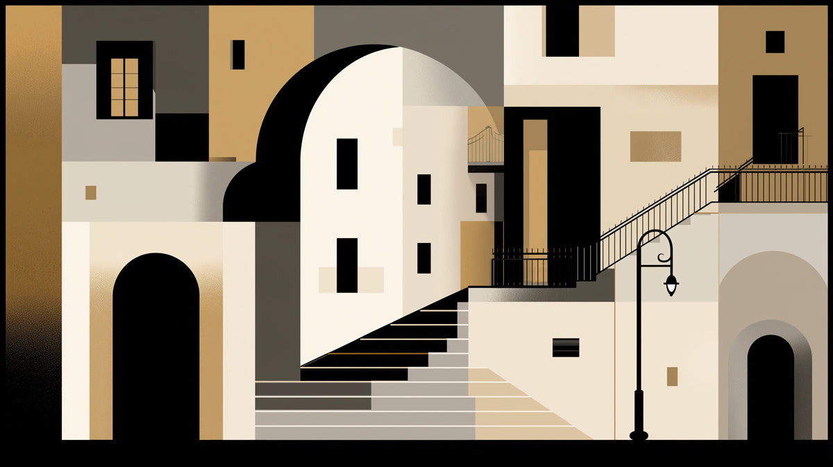 Abstract Mediterranean Cityscape Wallpaper | Geometric Urban Art with Arches