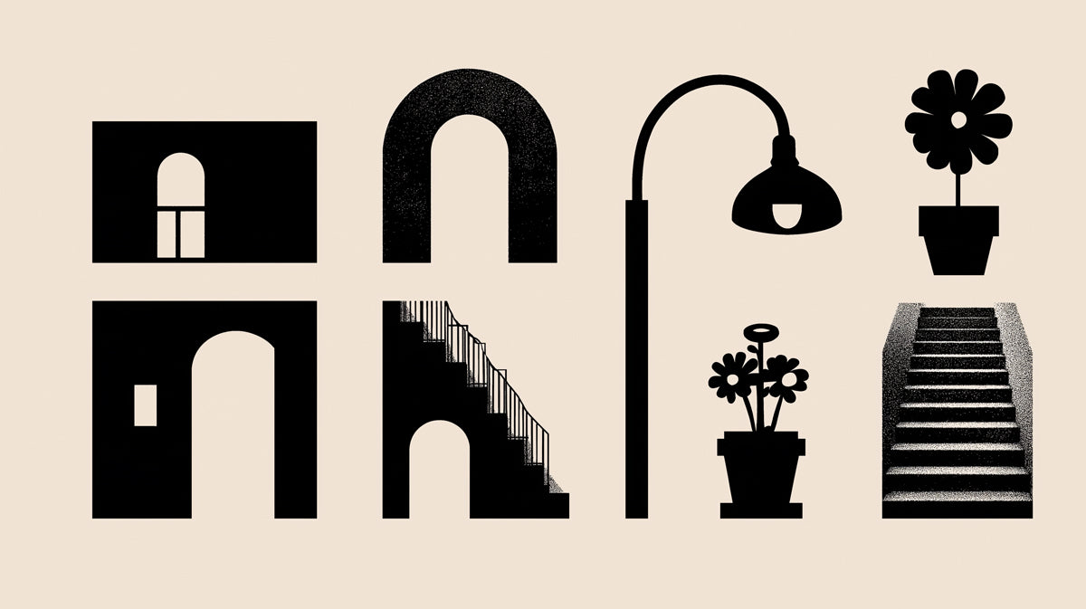 Abstract Black Architectural Icons Wallpaper | Modernist Graphic Pattern