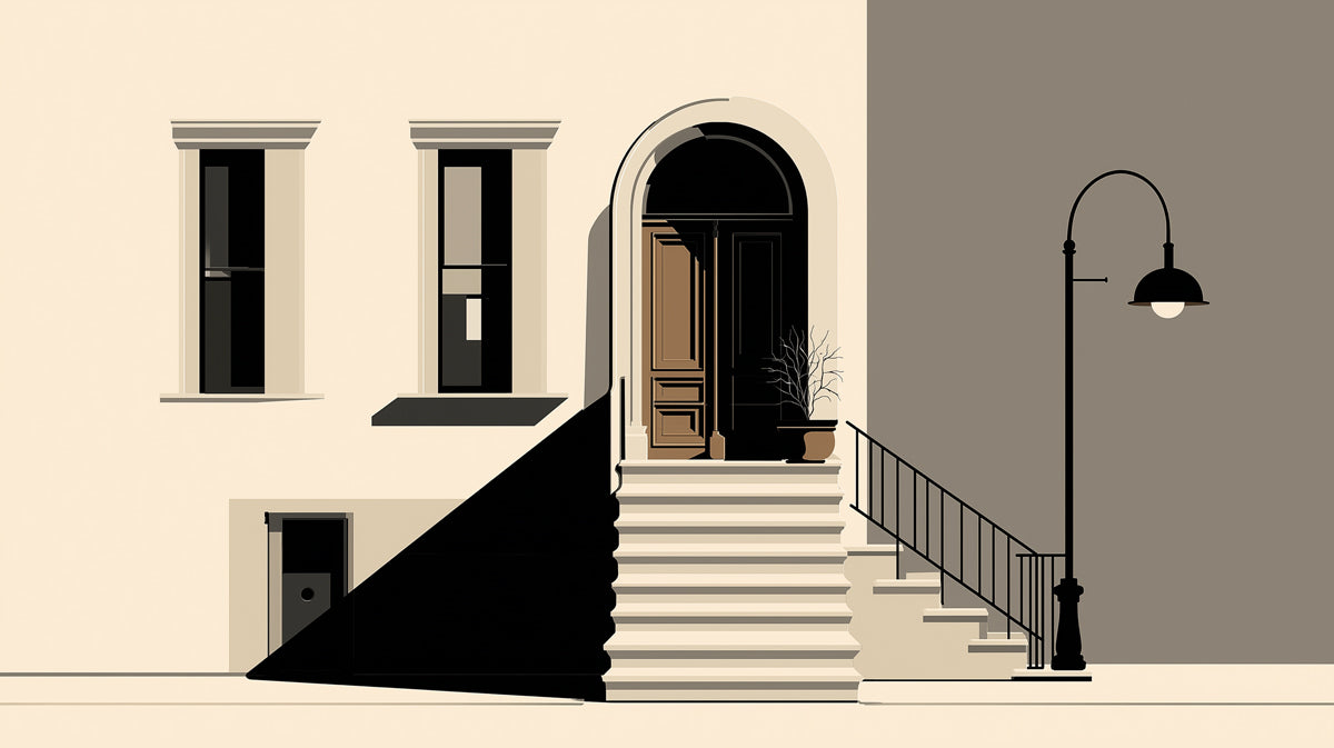 Minimalist Urban Street Scene Wallpaper | Abstract Townhouse with Shadow Play