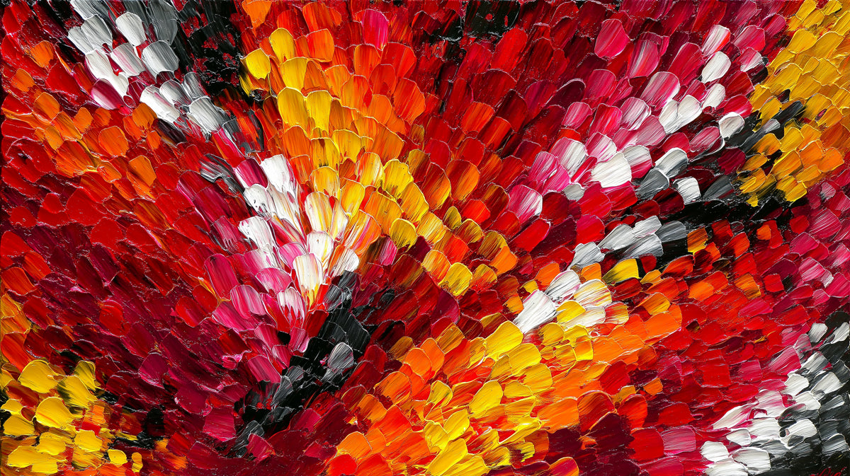 Abstrakte Feuerblüten Tapete | Lebendige Impasto-Kunst mit dynamischen Pinselstrichen
