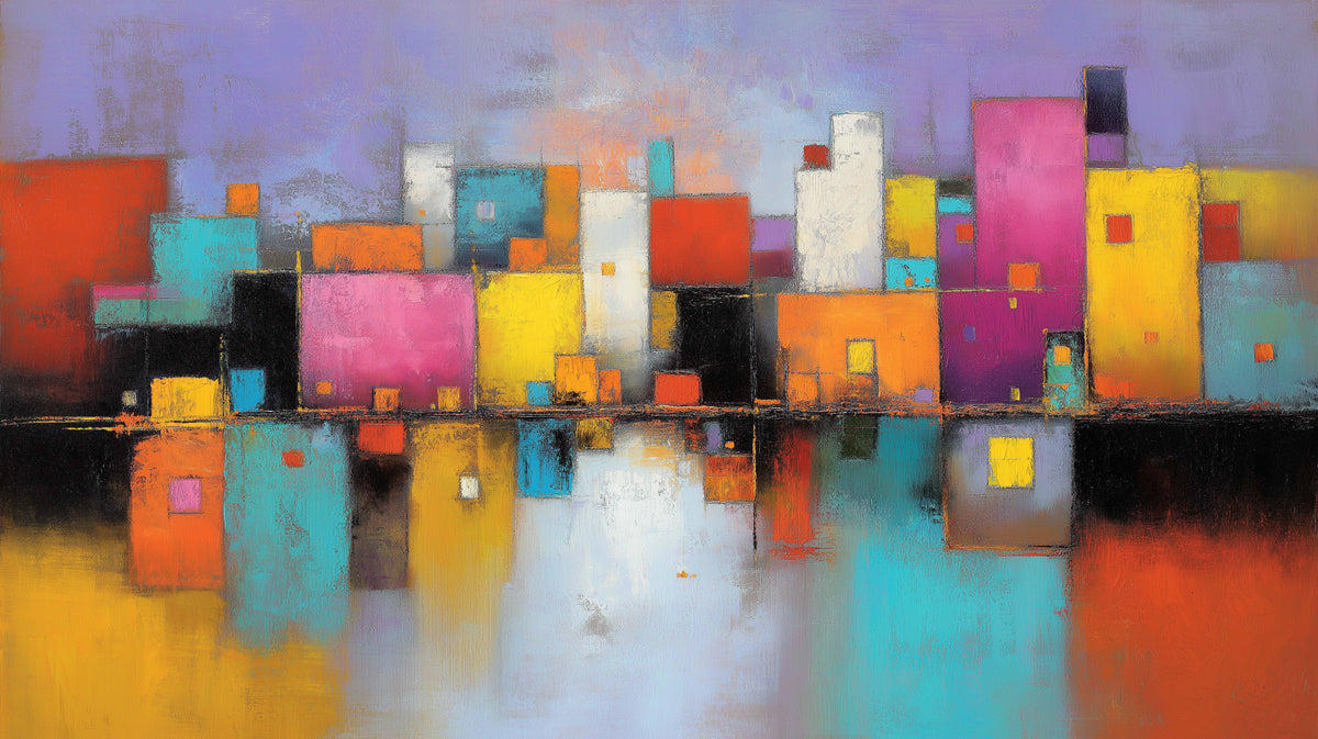 Abstract Cityscape Reflection Wallpaper | Vibrant Urban Art with Water Reflections