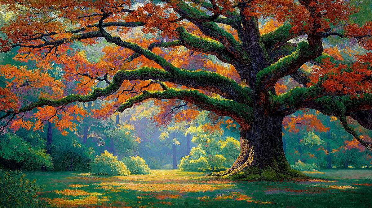 Vibrant Autumn Tree Landscape Wallpaper | Impressionistic Forest Scene