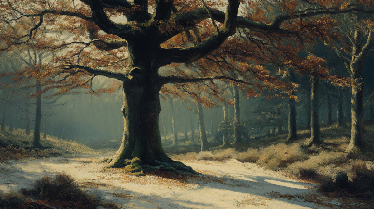 Ethereal Winter Forest Path Wallpaper | Tranquil Snowy Woodland Scene