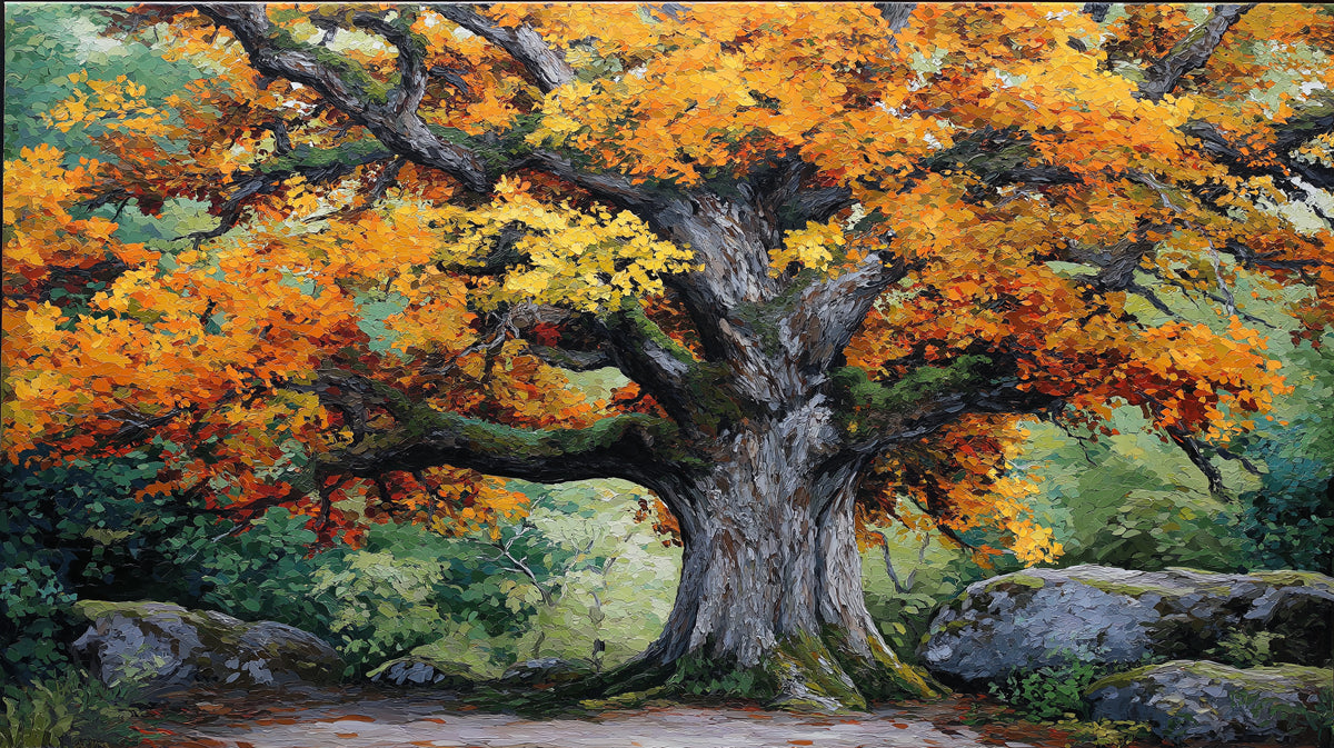Grand Autumn Oak Tree Wallpaper | Vibrant Forest Landscape with Fall Colors