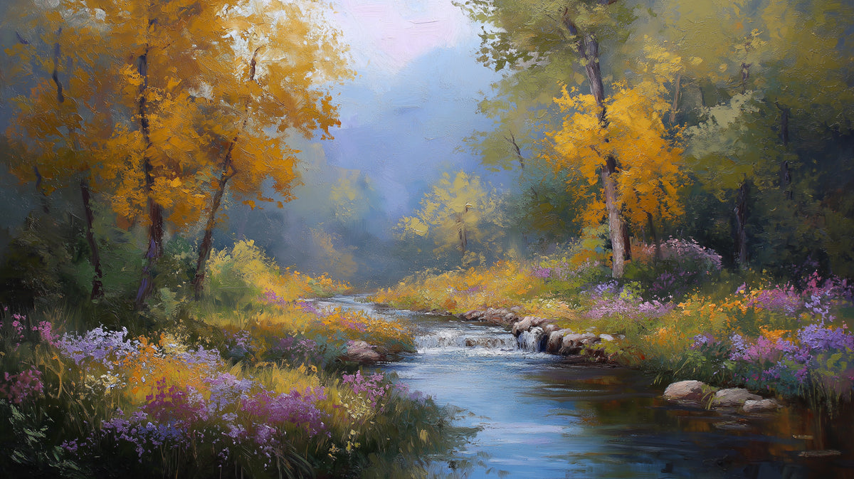 Serene Autumn River Mural Wallpaper | Tranquil Forest Landscape with Creek