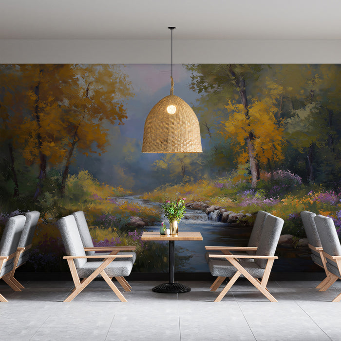 Serene Autumn River Mural Wallpaper | Tranquil Forest Landscape with Creek