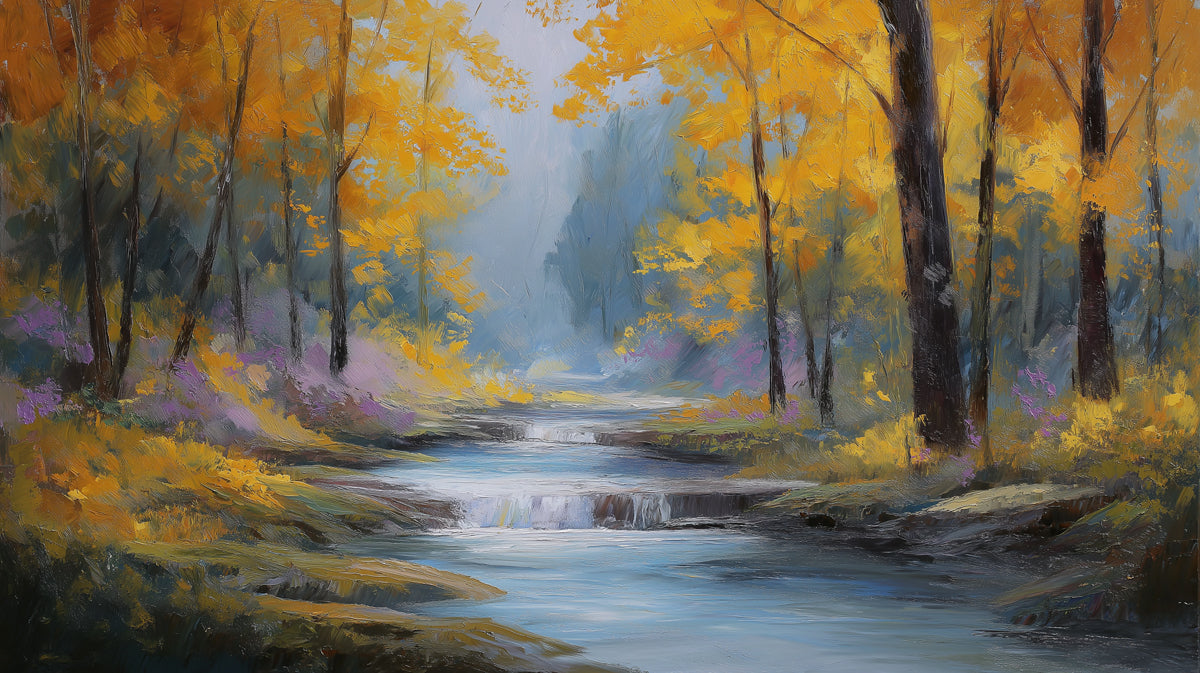 Tranquil Autumn River Mural Wallpaper | Peaceful Forest Landscape with Flowing Creek