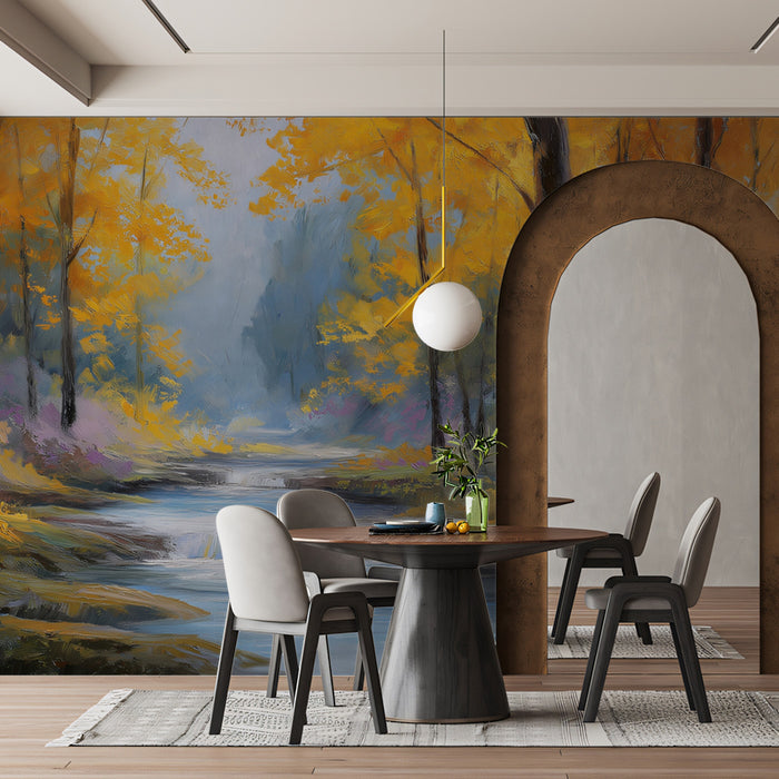 Tranquil Autumn River Mural Wallpaper | Peaceful Forest Landscape with Flowing Creek