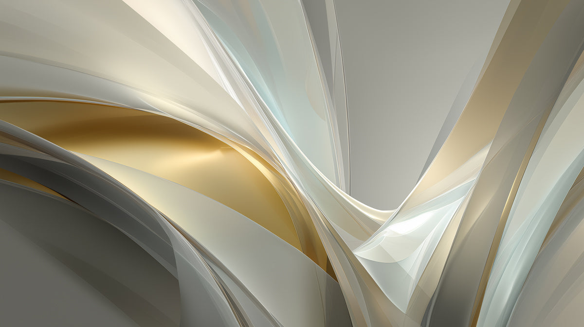 Murale con sfondo astratto dorato e bianco | Elegante arte a nastro metallico