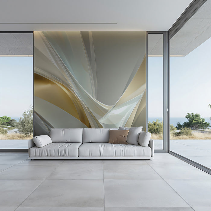 Murale con sfondo astratto dorato e bianco | Elegante arte a nastro metallico